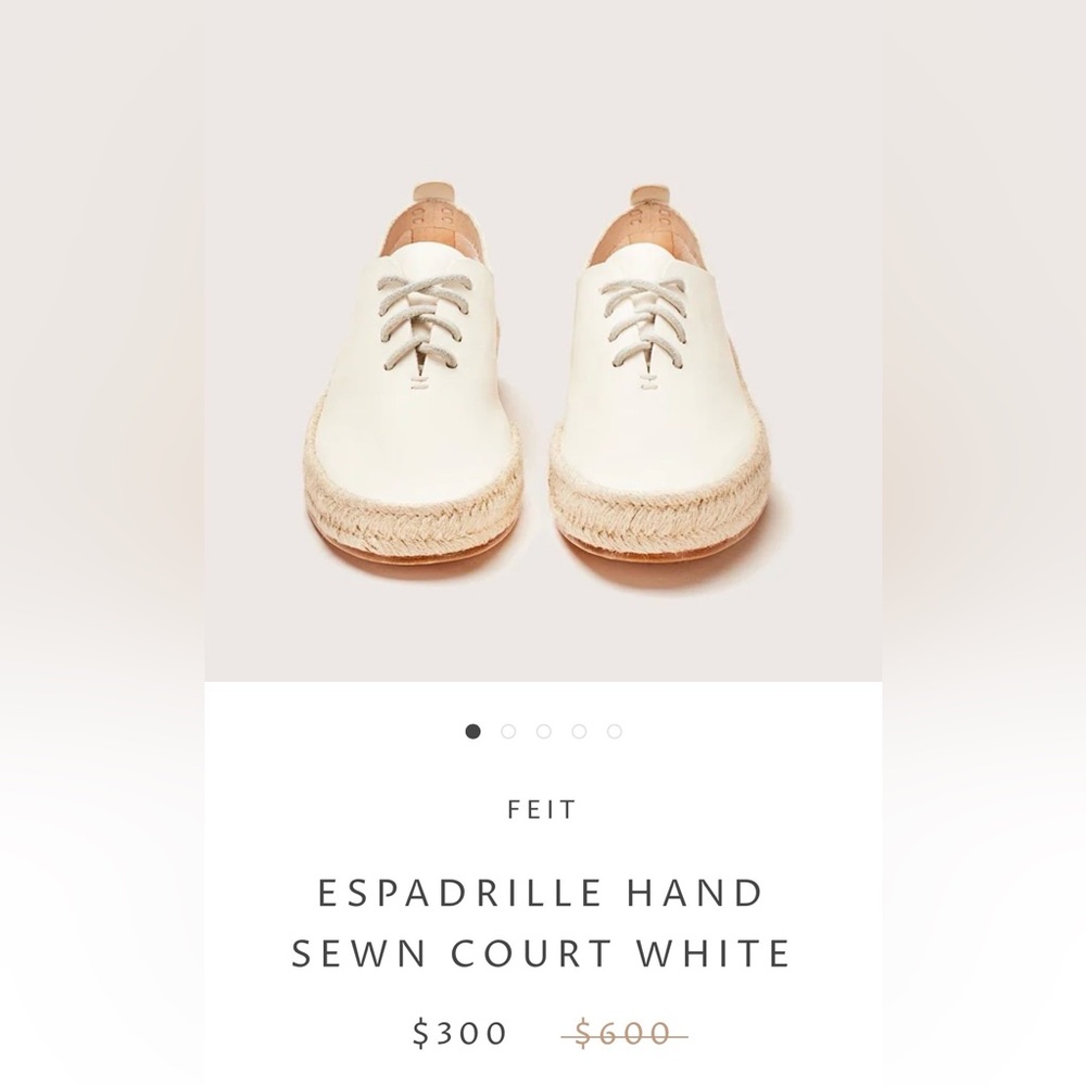 FEIT ESPADRILLE HAND SEWN COURT WHITE, sz. 38